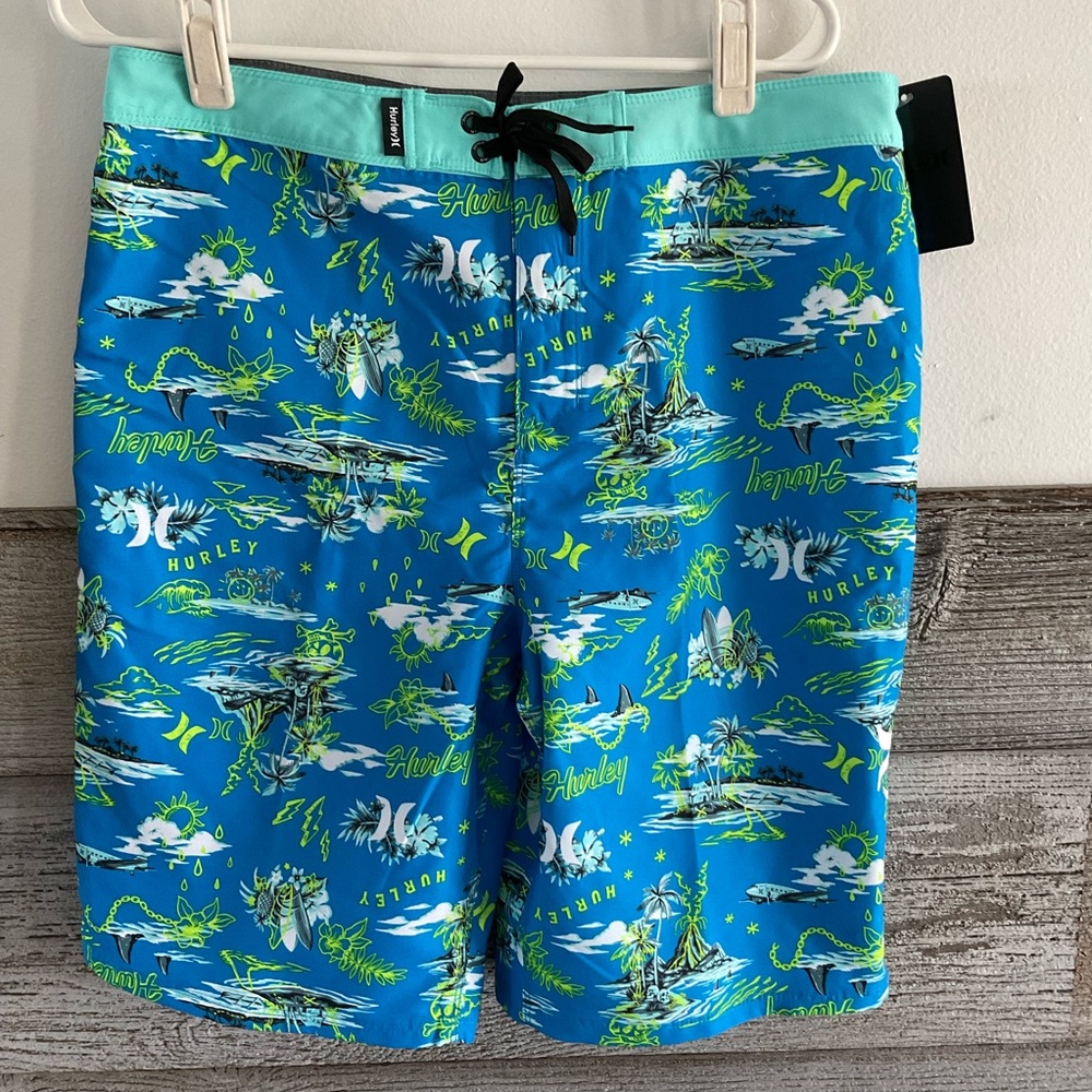 NEW Hurley Boys 20/30 Shorts Neptune Blue Tropical Shark Island 10" Inseam